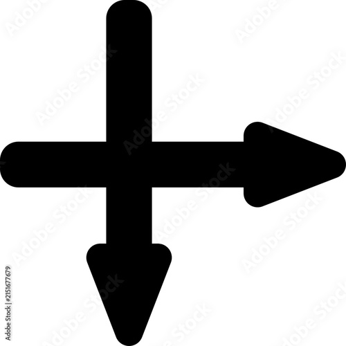A bold black cross-shaped arrow points right and down against a clean white background,.