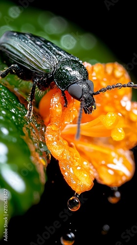 Vibrant Emerald Beetle Macro on Wet Orange Flower with Raindrops