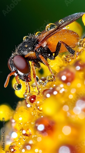 Vibrant Macro Close-Up of Fly Insect with Sparkling Dew Drops on Yellow Flower