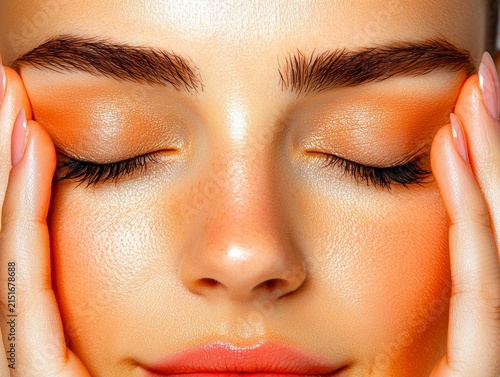 Close-up of Woman's Face with Glowing Skin, Orange Eyeshadow, and Relaxed Expression
