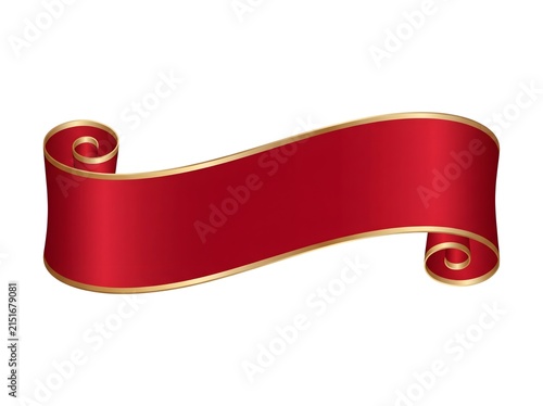 A decorative red ribbon banner scroll isolated on a white background for design labels and festive announcements