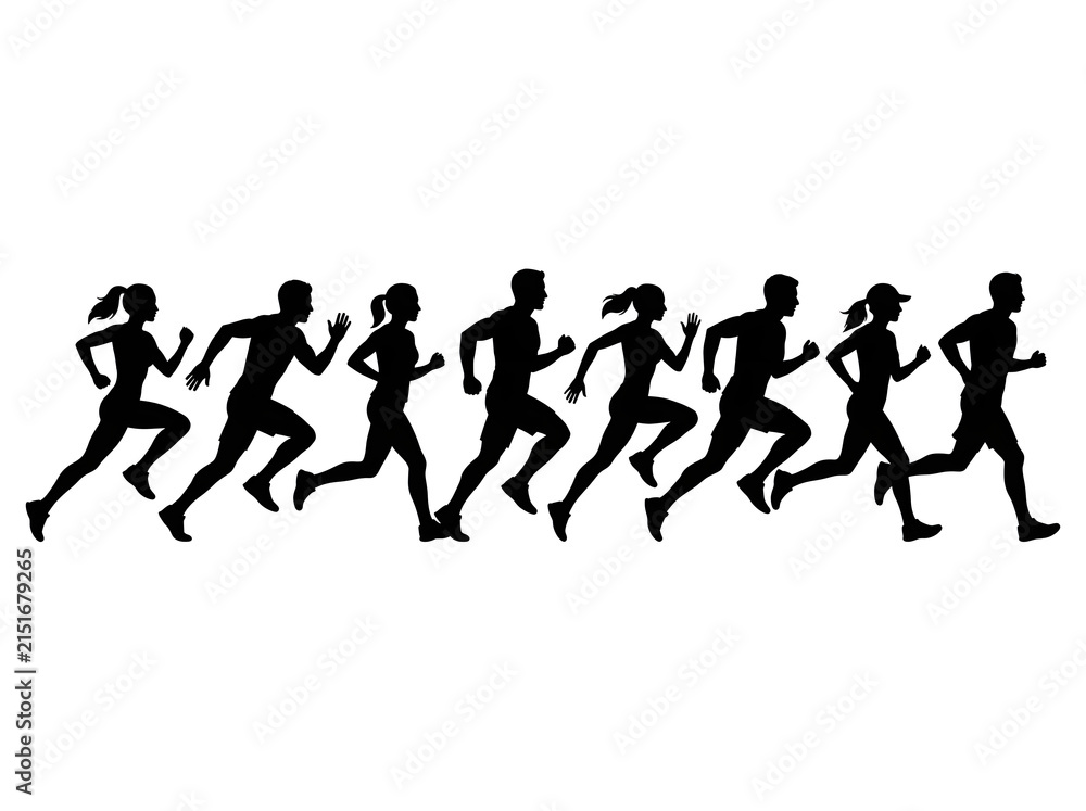 Obraz premium Group of men and women runners running marathon jogger athletes silhouettes isolated on white background