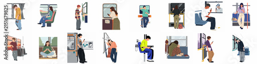 Vector Illustration Set of Diverse People Commuting on Public Transportation Like Trains or Buses in Various Poses and Activities