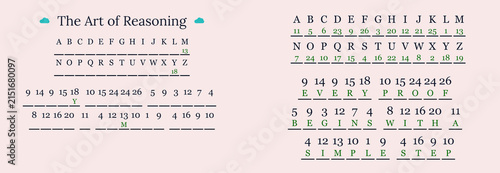 Artistic representation of reasoning with letters and numbers in a structured layout
