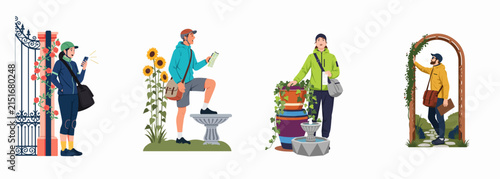 Set of four illustrations showing people enjoying garden activities and outdoor exploration, including gardening, birdwatching, and walking through nature.