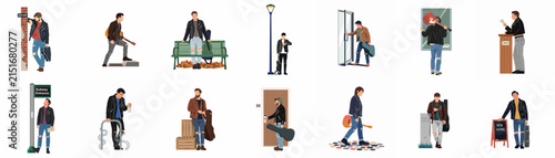 Set of Illustrations Featuring a Young Male Musician in Various Urban Life Scenarios Carrying a Guitar Case and Exploring the City.