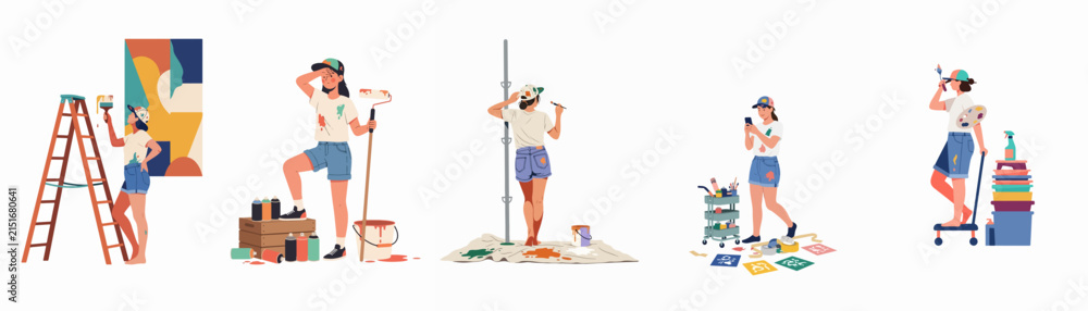 Fototapeta premium Flat illustration set of a young woman engaged in various home renovation and painting activities, using tools like rollers, brushes, and ladders.