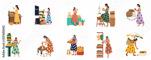 Collection of vector illustrations depicting women shopping for fresh fruits, vegetables, and local produce at various outdoor market stalls and stands.