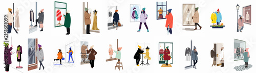 A collection of stylized illustrations showing various people window shopping and looking at clothing displays in storefronts during winter season.