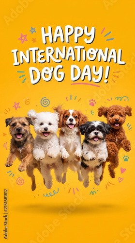 Happy International Dog Day Poster Design with Cute Jumping Puppies on Yellow Background