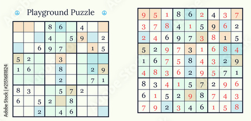 Sudoku puzzle grids with completed and incomplete versions, colorful design