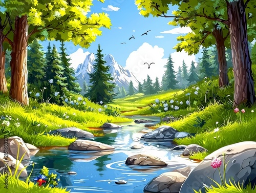 Vibrant Mountain River Landscape Illustration with Forest and Wildflowers