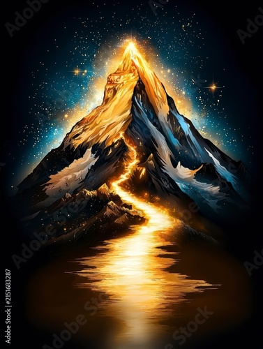 Golden Light Path to Majestic Mountain Peak, Starry Night Sky Illustration