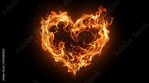 Fiery heart symbol made of flames on a black background, representing passion and intense love, perfect for romantic themes