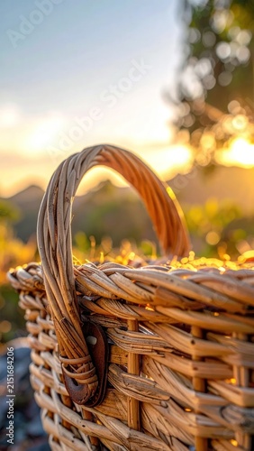 Woven basket handle with soft outdoor sunlight bokeh.