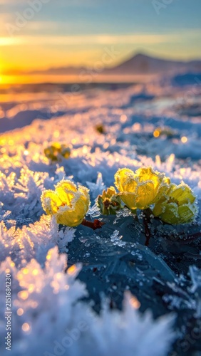 Yellow wildflowers blooming through frost at sunrise.