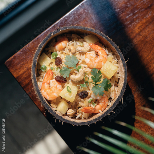 Thai Pineapple Fried Rice in Coconut Bowl