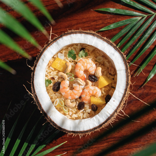 Thai Pineapple Fried Rice in Coconut Bowl