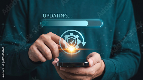 Person using smartphone with virtual progress bar for Updating software