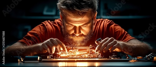 Dedicated Engineer Working on Glowing Circuit Board with Intense Focus