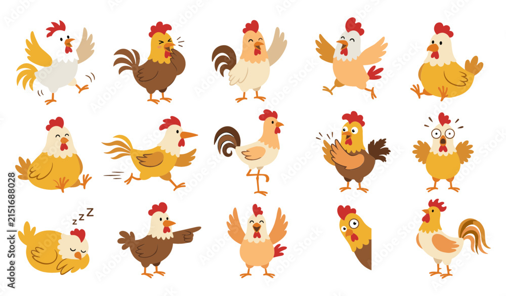 Obraz premium Cute Chicken and Rooster Vector Character Set Featuring Cartoon Farm Birds expressing Various Emotions and Cute Actions for Kid Designs