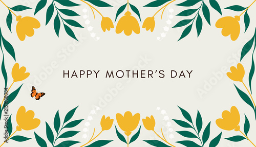 Happy Mother's Day floral greeting card with golden crown and elegant botanical wreath vector illustration