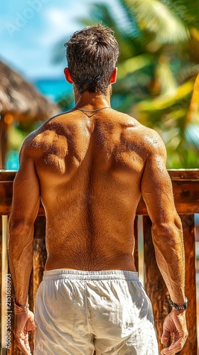 Muscular Man's Back View at Tropical Resort - Fitness & Wellness Travel Illustration