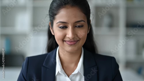 Professional Indian woman in dark business suit portrait.