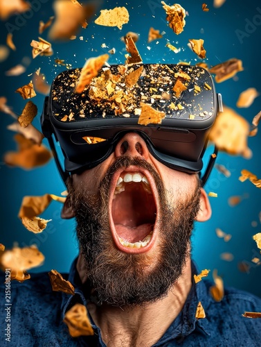 Obraz na płótnie Dynamic VR Experience: Man Screaming in Virtual Reality with Exploding Particles