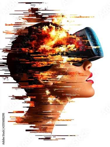 Metaverse Immersive Experience: Woman in VR Headset with Digital Fire & Data Glitch