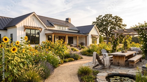 Modern country house with sunflower garden