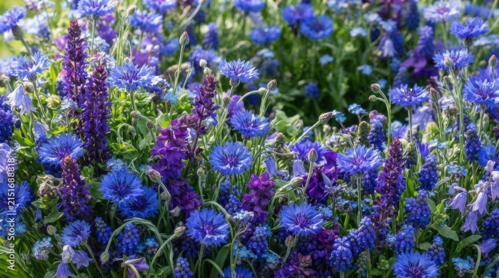 Obraz premium Purple Blue Wildflower Garden With Tall Flower Spikes and Lush Foliage