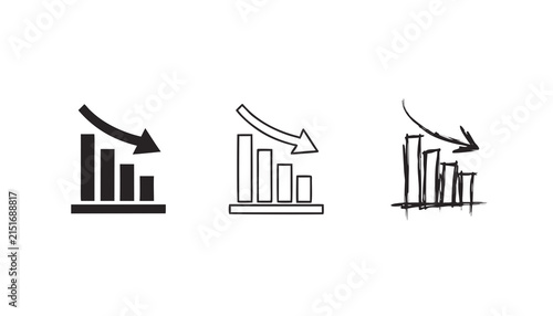 Set of three declining bar chart icons showing financial loss and negative business trends.