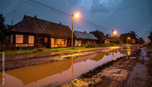 rainy street with houses and lights.