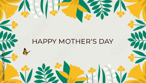 Happy Mother's Day greeting card with flat floral frame and yellow spring flowers design.