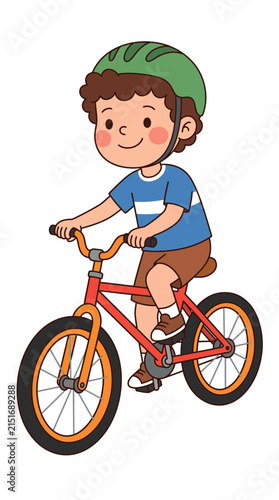 Happy boy riding a bicycle, wearing a helmet, isolated on white
