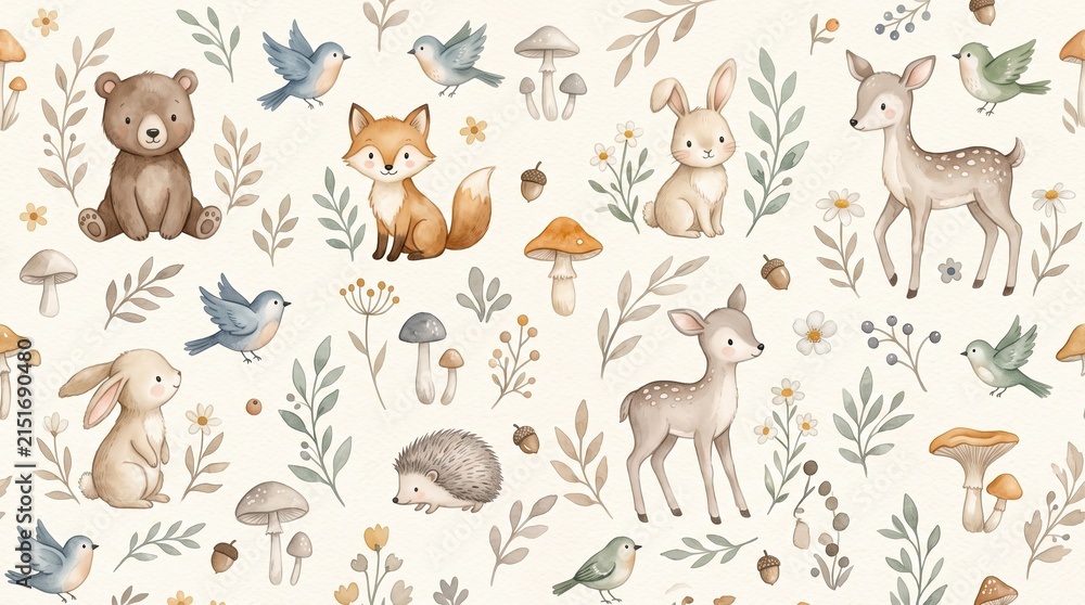 Obraz premium Seamless watercolor woodland animal pattern with bear, fox, rabbit, deer, hedgehog, birds, mushrooms and leaves on white background, cute forest nursery fabric design