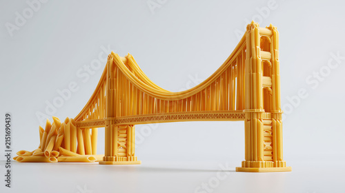Suspension bridge made from uncooked spaghetti and penne on light gray background, premium concept food art