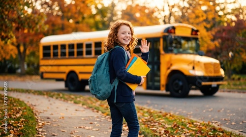 Cheerful schoolgirl carrying backpack and books waving near yellow bus on autumn morning, representing education, back to school season, transportation and childhood daily routine.