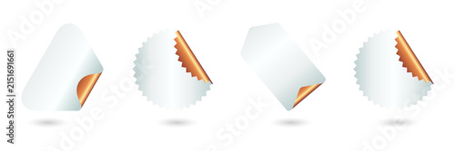 Four white label stickers peeling back to reveal gold on transparent background