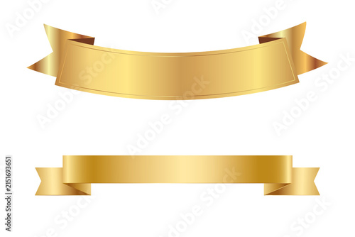 Golden ribbon banner set realistic gold metallic tape wavy tag label isolated on white background luxury vector design