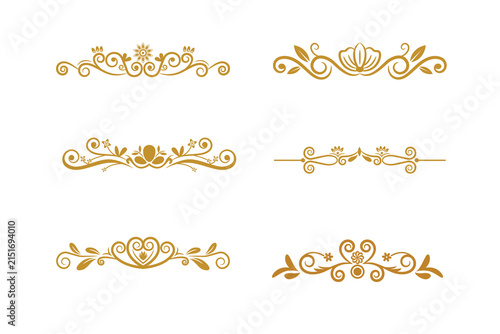 Golden vintage divider set realistic gold ornamental border swirl line flourish isolated on white background vector design