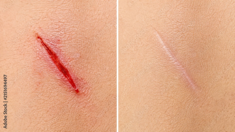 Fototapeta premium Skin incision and healing scar comparison shows red cut transitioning into smooth white tissue mark.