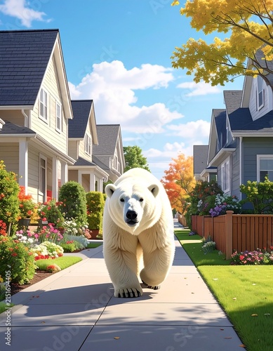 polar bear in front of a house