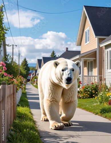 polar bear in front of a house
