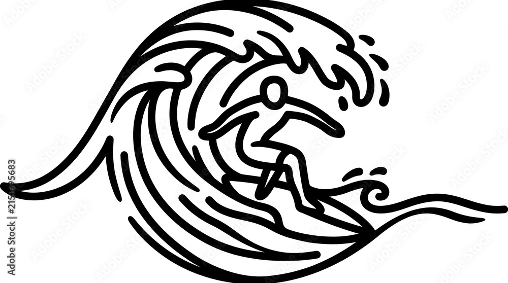 Obraz premium Stylized Line Art Illustration of a Surfer Riding a Wave.