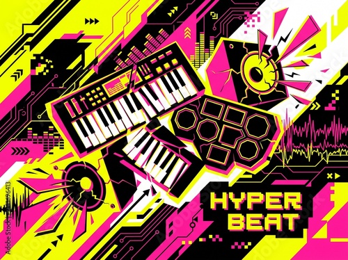 Illustration of an exciting abstract music background, glitch art hyperpop aesthetic, offset color channels, fragmented speakers, digital synthesizers and electric drum pads, bright neon yellow hot