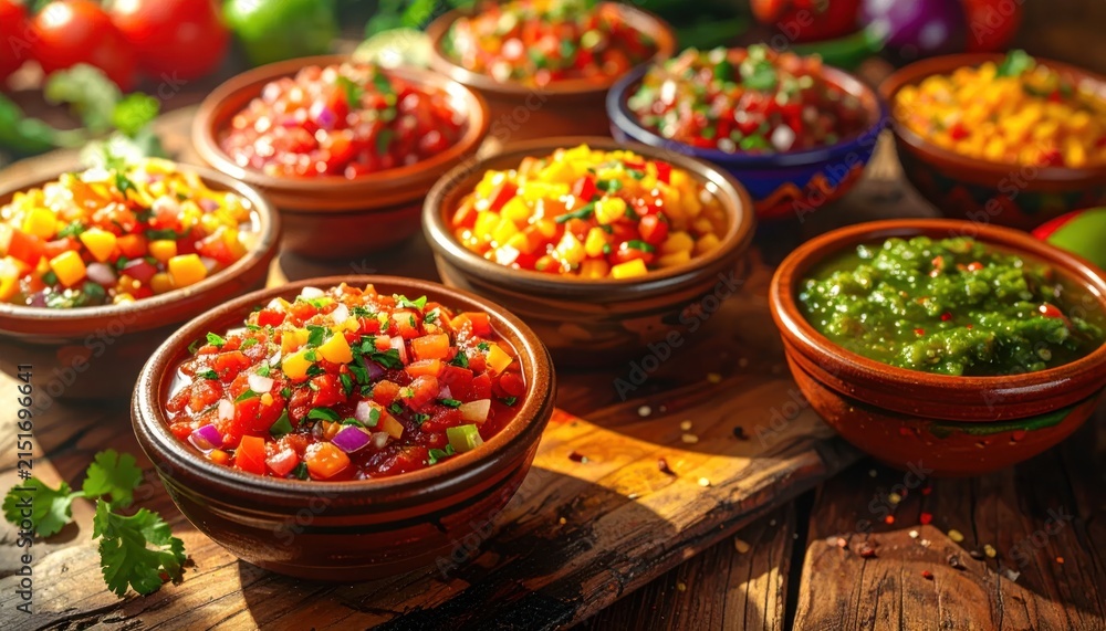 Fototapeta premium Variety of salsa in bowls on table.