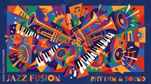 Cubist Jazz Fusion Abstract Music Background with Trumpets and Speakers
