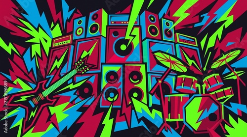 Music background, modern heavy metal hard rock aesthetic, angular aggressive shapes, massive wall of speakers, electric guitars and drum kits, highly vibrant crimson electric blue and toxic green.